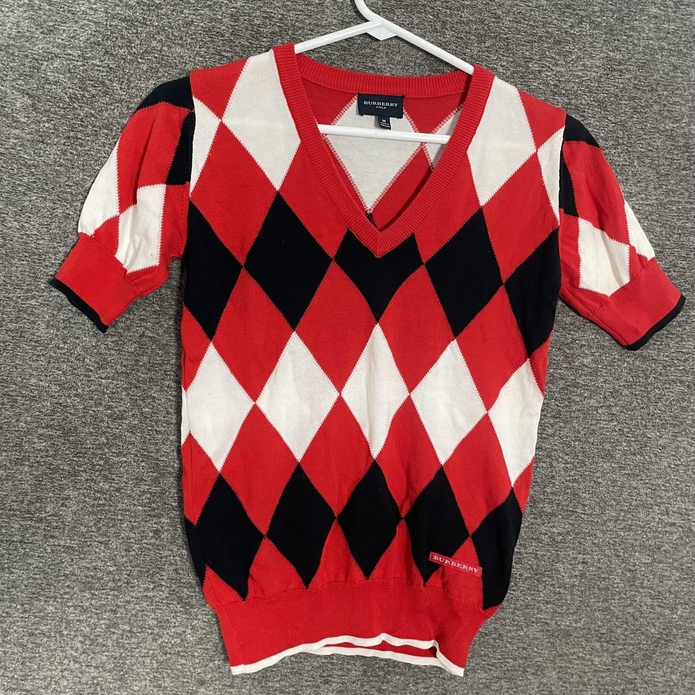 Burberry Golf Sweater Womens Medium Red 100% Cotton V Neck Argyle Puff Sleeve
